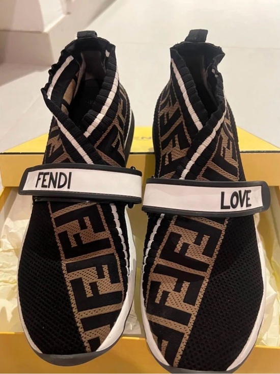 Fendi Shoes - Fendi Black & Brown FF Logo Knit Strap Sneakers